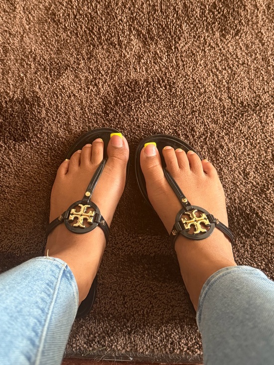 Tory Burch Shoes - Tory Burch Black Leather Logo Thong Sandals with Gold Emblem